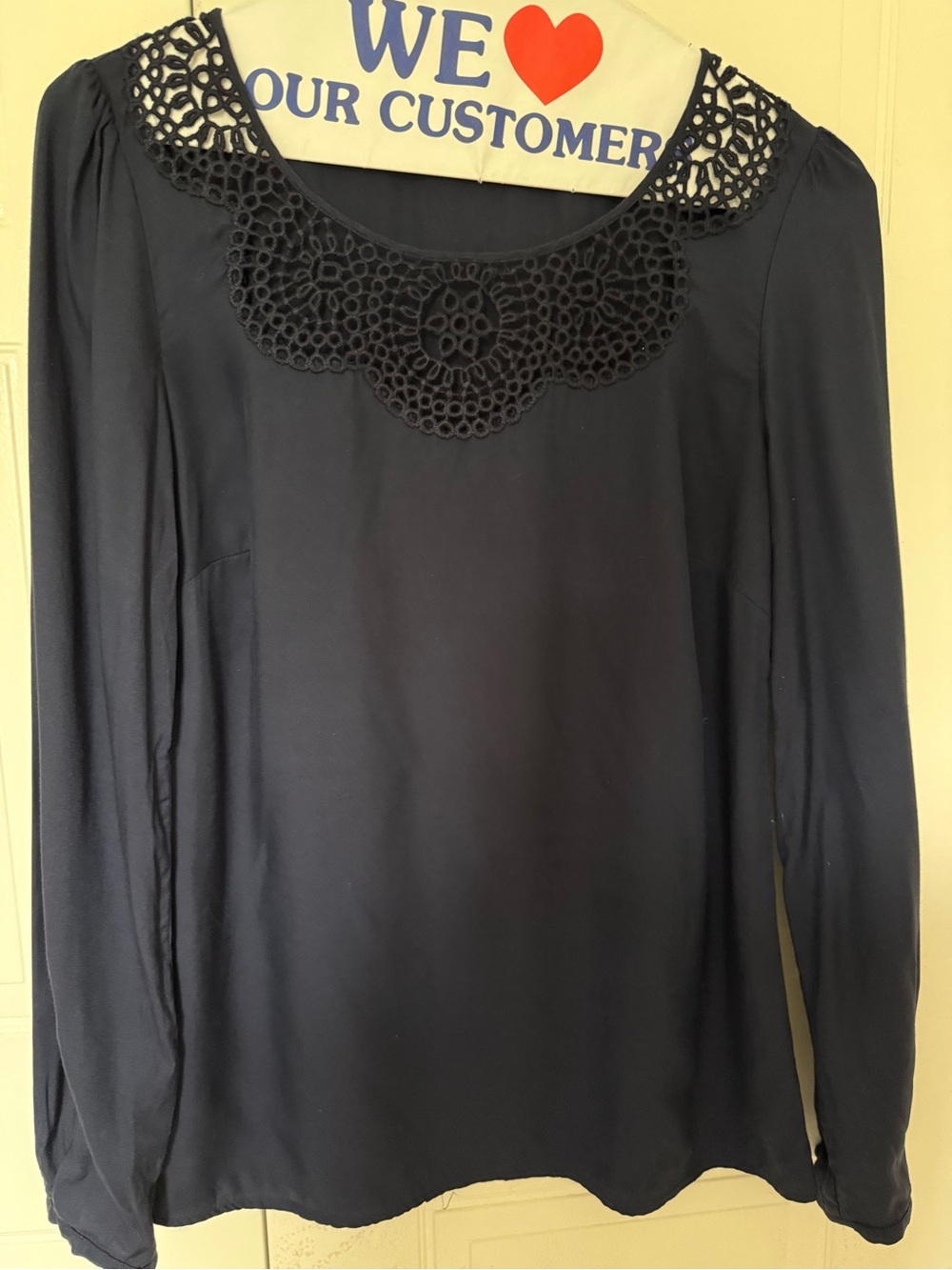 Boden women’s navy  Long-Sleeve Top with Crochet Collar size 4